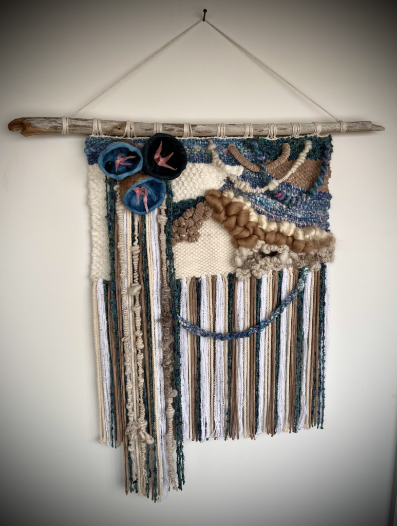 Mixed Media Wall Hanging flowers and weaving textures and shapes